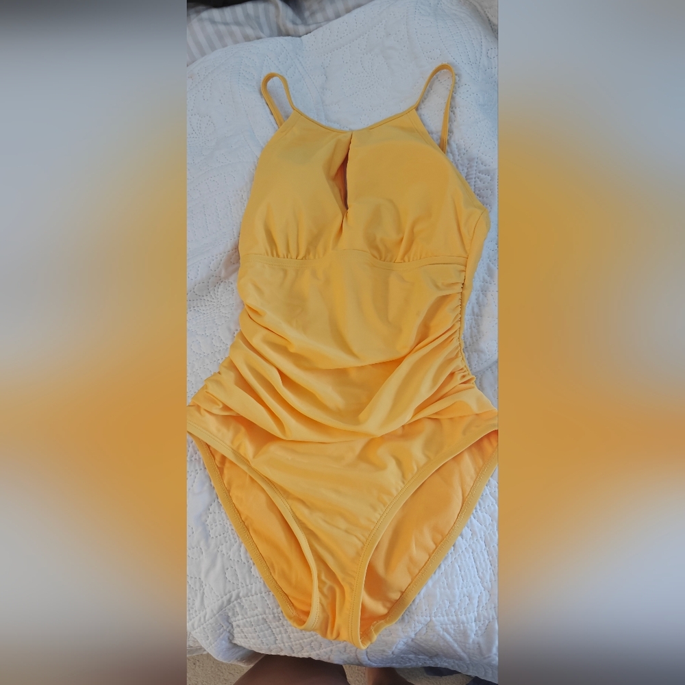 Ellen Tracy Yellow One Piece Swimsuit with Ruching